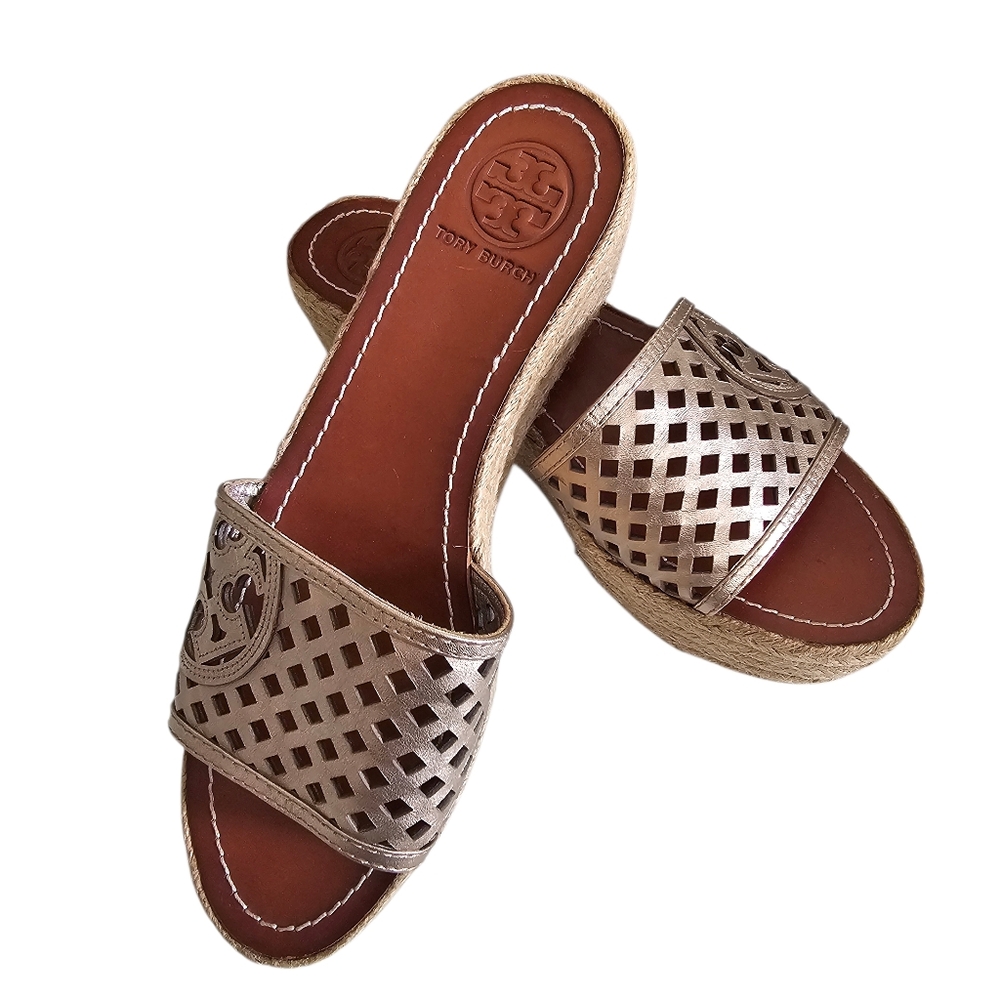 Tory Burch Nwob Thatched Gold Metalic Leather Espidrille Slip On Platform Wedges